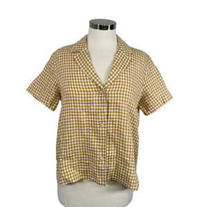 EVERLANE Women's 4 The Linen Shirt Short Sleeve Notched Collar Yellow Checkered